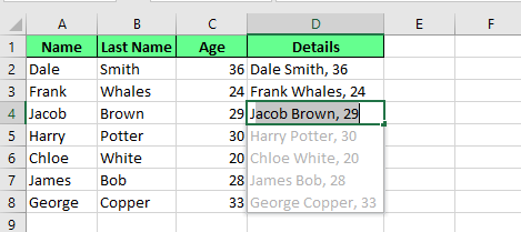 Combiner plusieurs cellules en une seule en utilisant la Remplissage automatique dans Excel. 7
