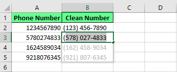 Formater les numéros de téléphone en utilisant la Remplissage automatique dans Excel. 9