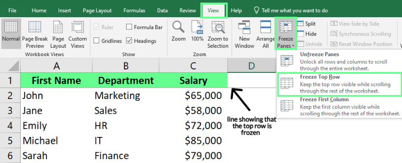 Oberste Zeile in einem Excel-Blatt fixieren 1