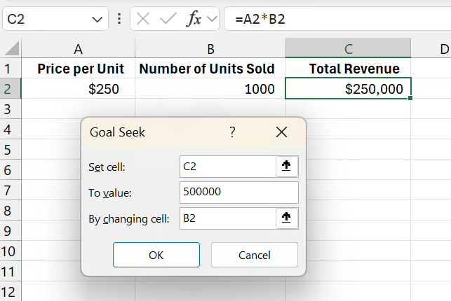 Excel Goal Seek options for the sales target example 10