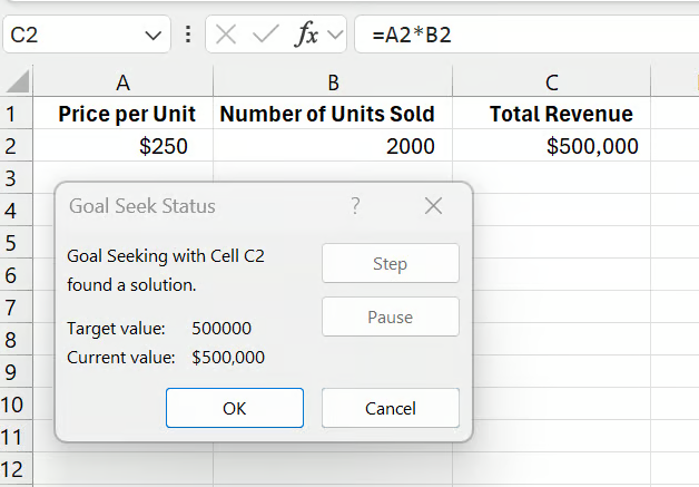 Excel Goal Seek results for the sales target example 11