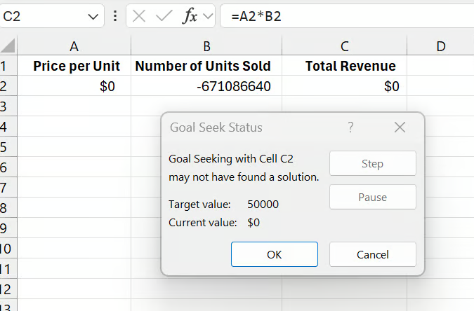 Excel Goal Seek may not have found a solution error 12