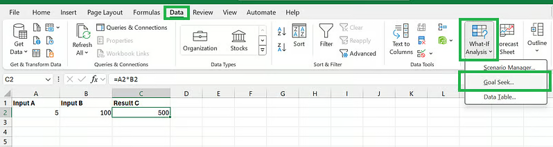 Selecting Goal Seek in Excel 2