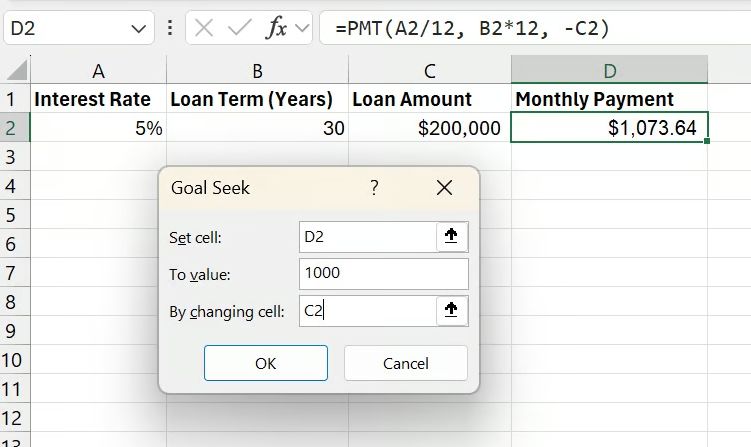 Excel Goal Seek options for the loan payment example 7