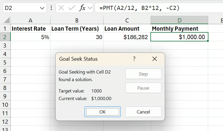 Excel Goal Seek result for the loan payment example 8