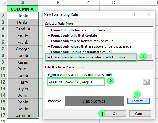 Hervorheben des zweiten Vorkommens von Duplikaten in Excel 6