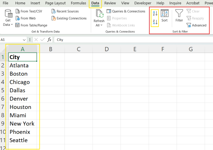 Using A-Z and Z-A buttons to alphabetize columns in Excel. 1
