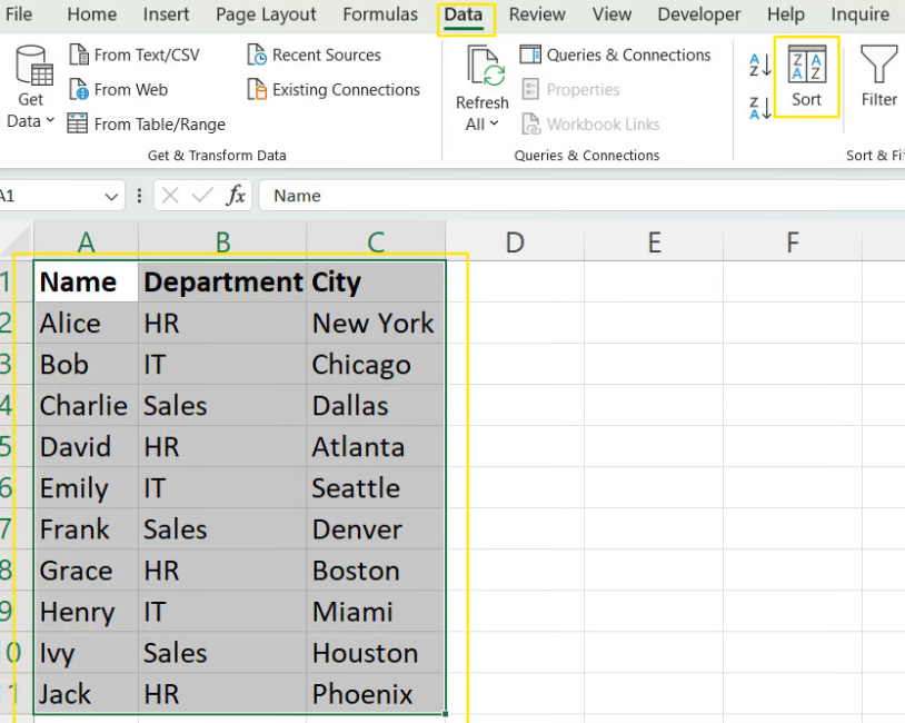 Using the Sort dialog box to alphabetize single column in Excel. 2