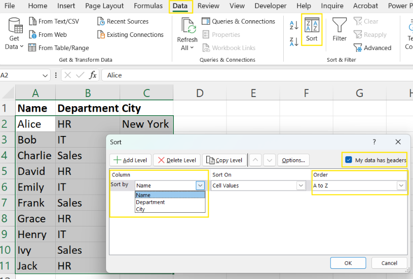 Using the Sort dialog box to alphabetize single column in Excel. 3