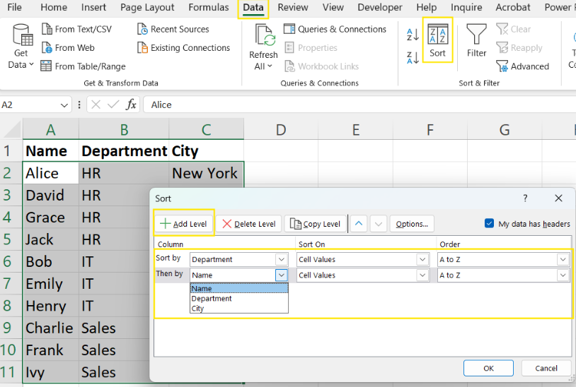 Using the Sort dialog box to alphabetize multiple columns in Excel. 4