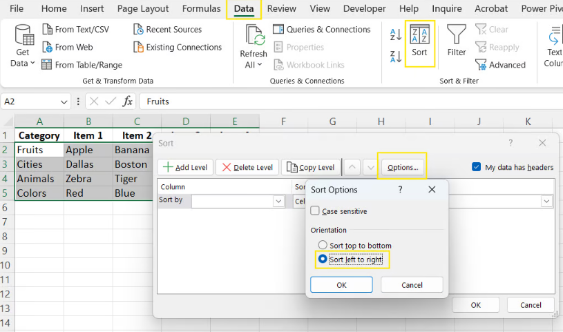 Using the Sort dialog box to sort rows alphabetically in Excel. 5