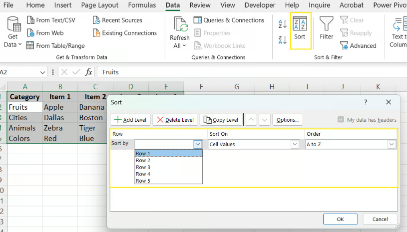 Using the Sort dialog box to sort rows alphabetically in Excel. 6