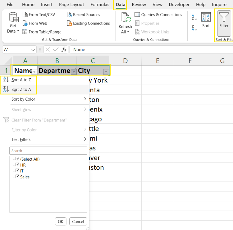 Using filters to sort data alphabetically in Excel. 7
