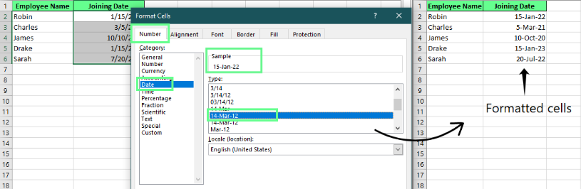 Changing the date format using the Format Cell dialog box in Excel. 1