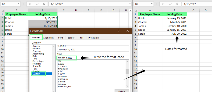 Customizing the date format in Excel. 3