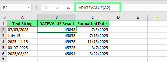 Converting text to date using DATEVALUE in Excel. 4