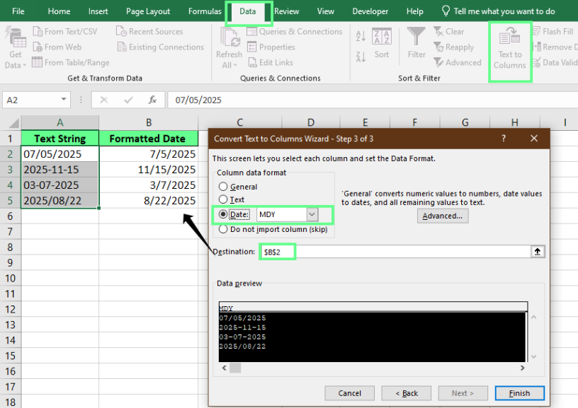 Converting text to date using Text to Column. 5