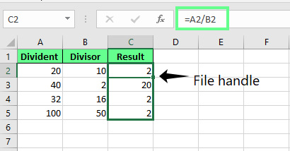 Dividing the numbers using the cell reference in the formula in Excel 1