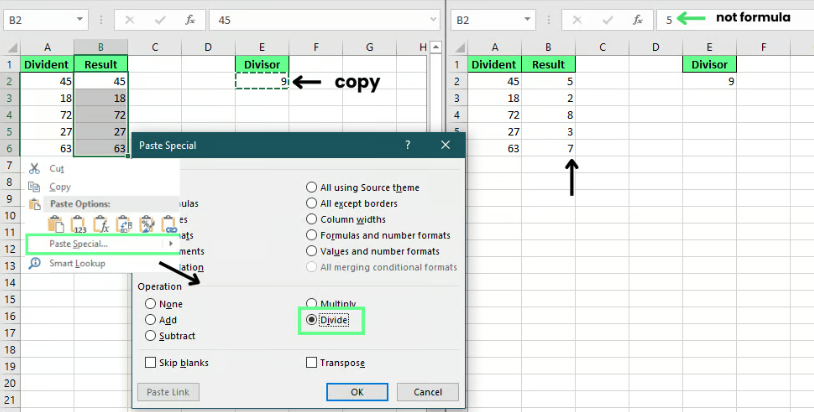Dividing the numbers using the Paste Special method in Excel 3