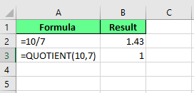 Dividing the numbers using the QUOTIENT() function to get the integer part of the result in Excel 4