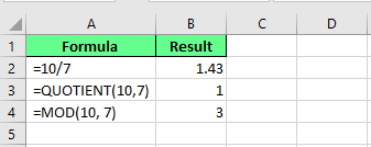 Dividing the numbers using the MOD() function to get the remainder of the result in Excel 5