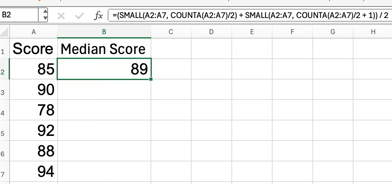 Finding the median in Excel using COUNTA, ROUNDUP and SMALL 4