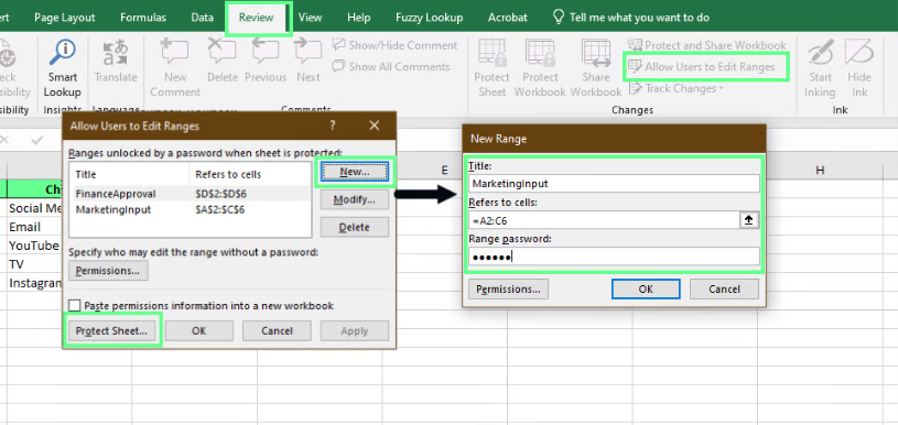 Locking specific ranges using the Allow Users to Edit Range option in Excel. 6
