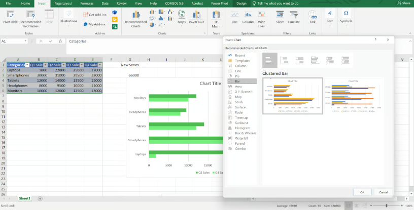 Excel chart gallery displaying Clustered, Stacked, and 100% Stacked Bar options. 4