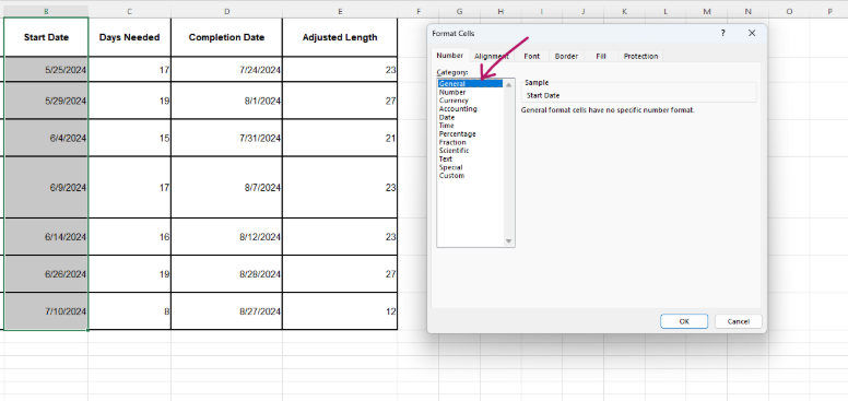Select all the dates in the start date column and change the format from