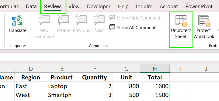 Unprotect sheet in Excel. 4