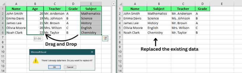 Drag and drop to move a single column in Excel. 1