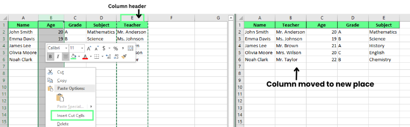 Move columns using Insert Cut Cells option in Excel. 3