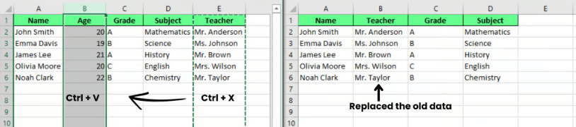 Move columns using cut and paste method in Excel. 4