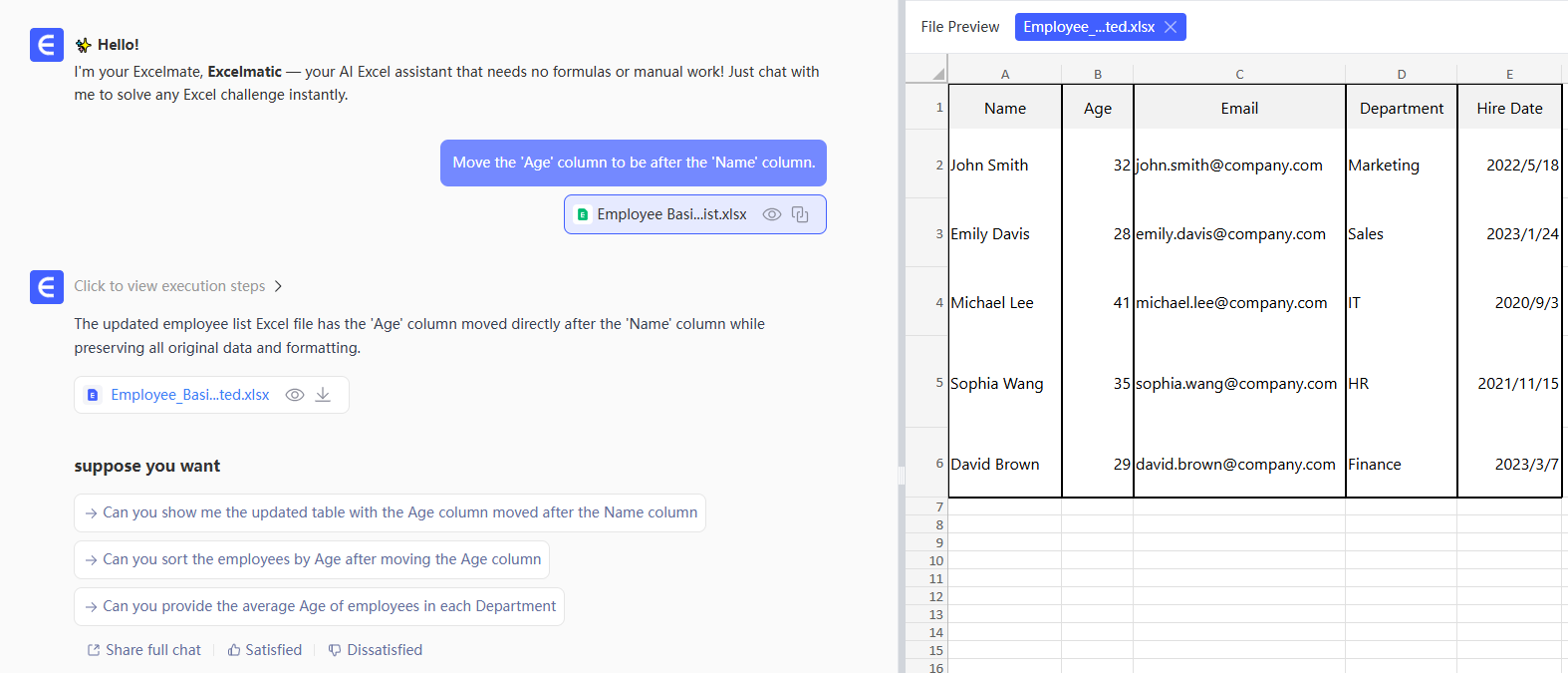 An illustration showing the Excelmatic interface where a user types a command to rearrange columns. 8