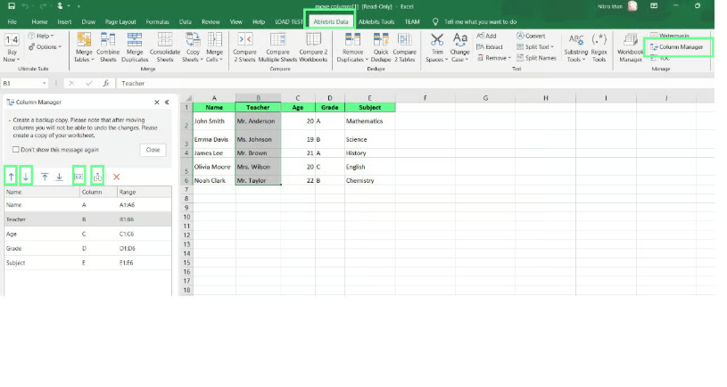 Move columns using Column Manager in Excel. 9