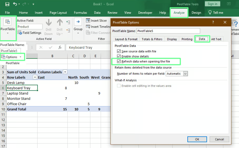 Set the auto refresh of the pivot table in Excel. 2