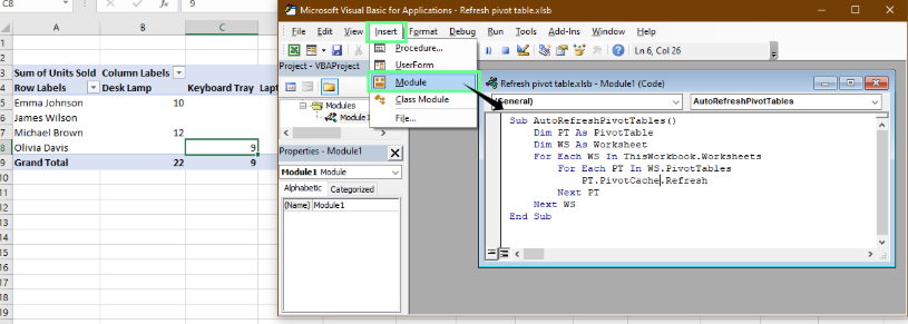 Refreshing the PivotTable using VBA in Excel. 3