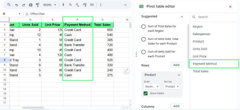 Pivot table editor in Google Sheets 5