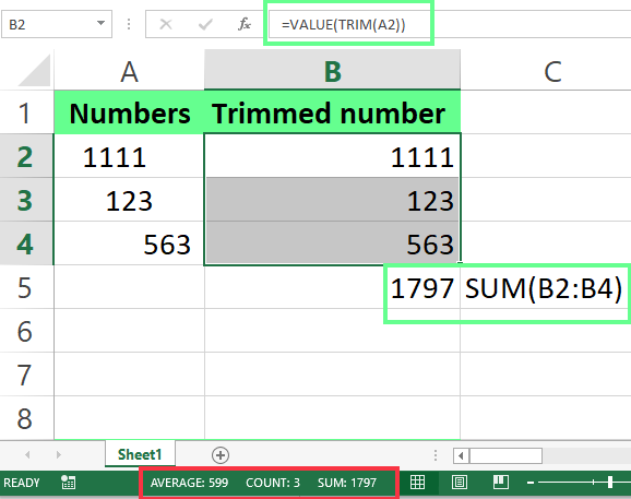 Combine VALUE() and TRIM() to remove spaces before numbers in Excel. 11