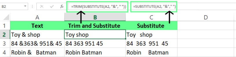 Combine TRIM() and SUBSTITUTE() to clean spaces in Excel. 13