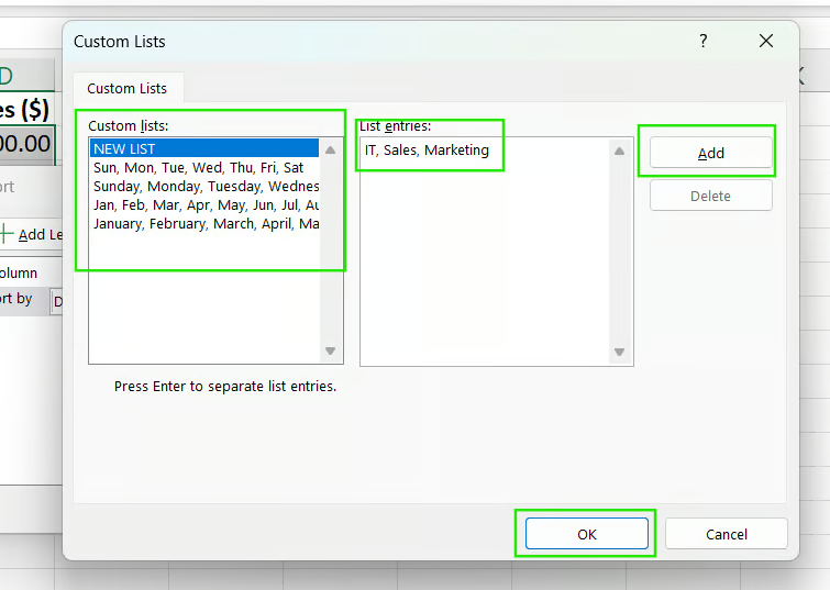 How to create a custom sort list in Excel. 12