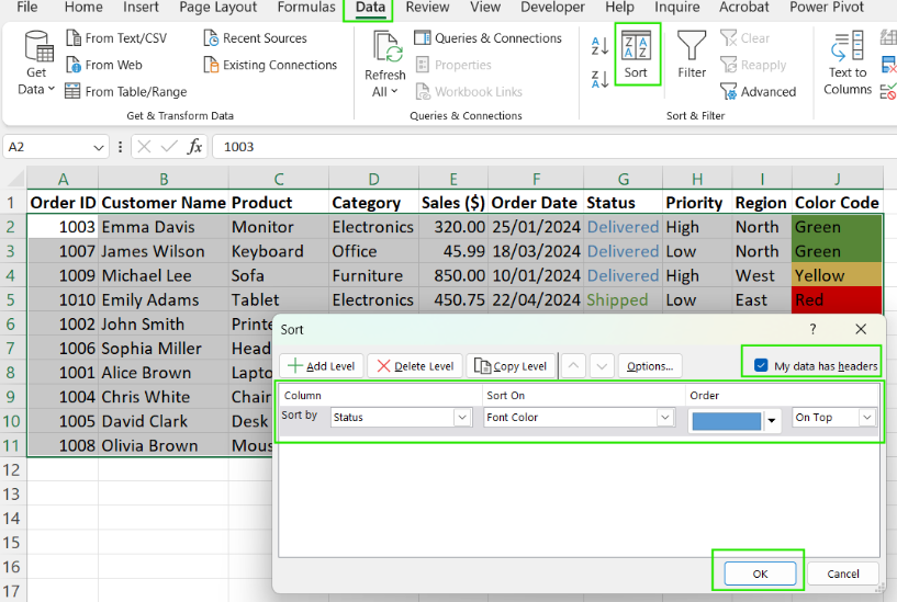 Sorting by font color in Excel. 7