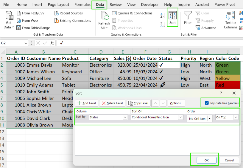 Sorting by icon in Excel. 8