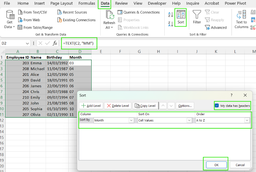How to sort by month in Excel. 9