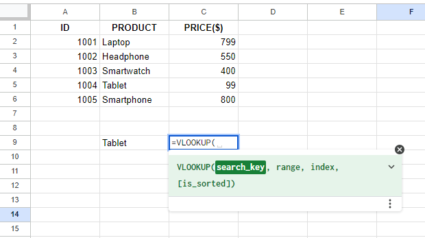 Typing the VLOOKUP formula in Excel 3