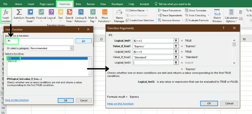 apply IFS() function using the formula wizard in Excel. 1