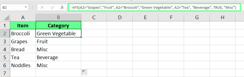 Categorize the item using IFS() in Excel. 5