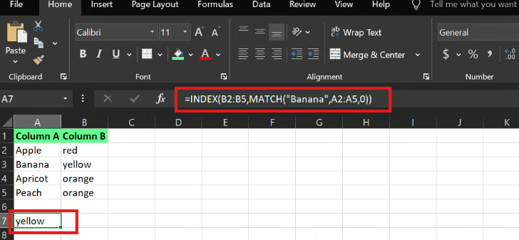 INDEX MATCH example in Excel 1