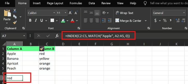 INDEX MATCH result after a column is inserted between columns A and B. 5