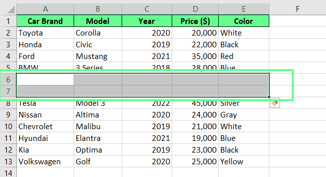 Nouvelles lignes ajoutées en utilisant les touches de raccourci clavier dans Excel. 3